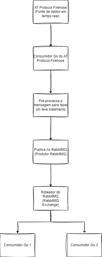 Na imagem contém um rascunho da arquitetura que será usado, onde tem uma caixa representando o início do fluxo e nela contém o texto AT Protocol Firehose (Fonte de dados em tempo Real). Ela está conectada a outra caixa que é o consumidor Go, que por sua vez estã conectado ao produtor de eventos para o RabbitMQ, que por sua vez esté conectado ao roteador do RabbitMQ e por fim este se comunicar a dois consumidores em Go.