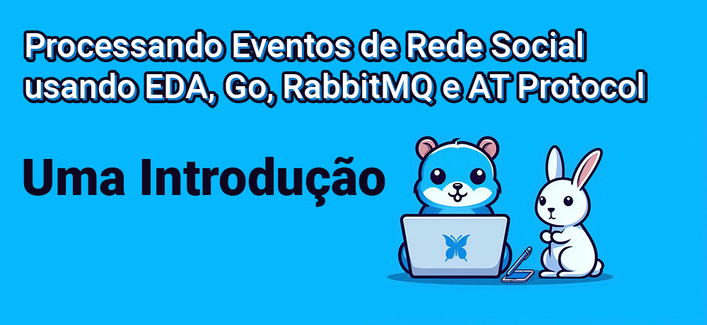 Um gopher azul e um coelho branco fazendo pair programing em um laptop da borboleta azul com o título do na imag